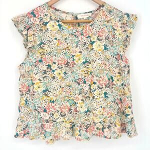 Solitaire Eyelet Pastel Floral Ruffle Hem Short Sleeve Cottagecore Top Size L
